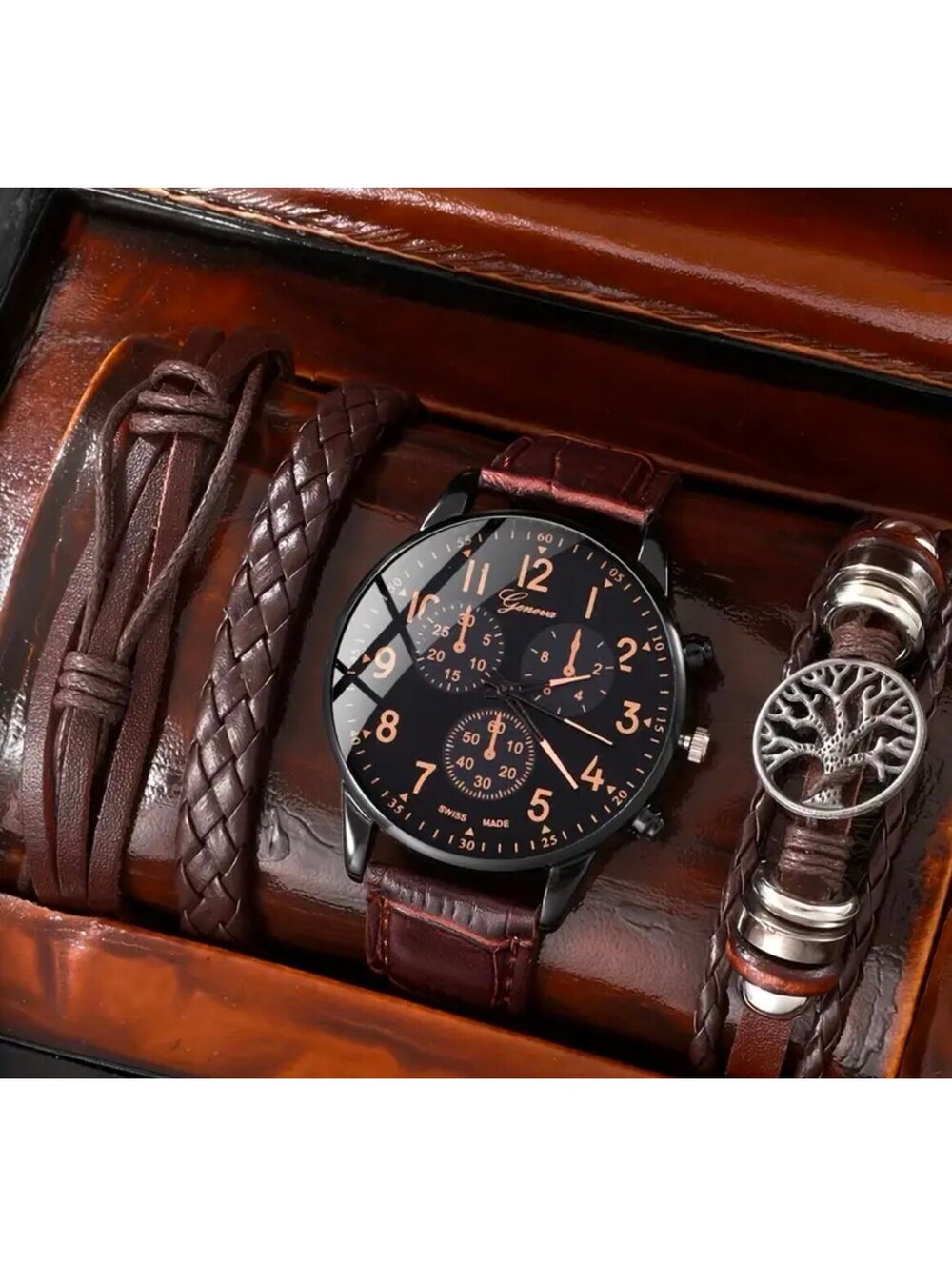 New -Men's Simple & Stylish Small Dial Quartz Watch & Fashion Bracelet Set